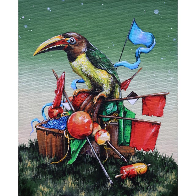 The Trove by Patrick Maxcy | Acrylic on Canvas Bird perched on a colorful collection of objects. For Sale