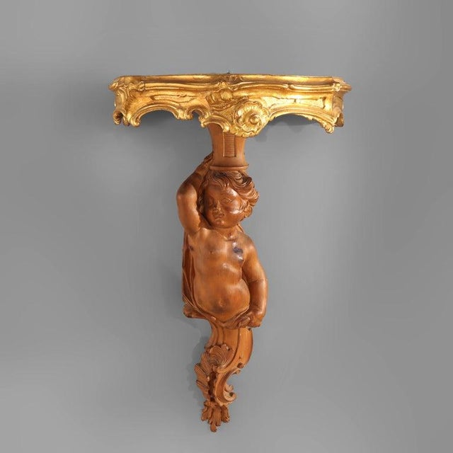 French Pair of Antique French Louis XIV Carved Figural Cherub Wood Sconces For Sale - Image 3 of 14