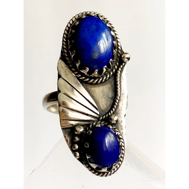 Southwestern Revival Lapis Lazuli Double-Cabochon Ring in Ornate .925 Sterling Silver, , Size 8.25 For Sale - Image 9 of 9