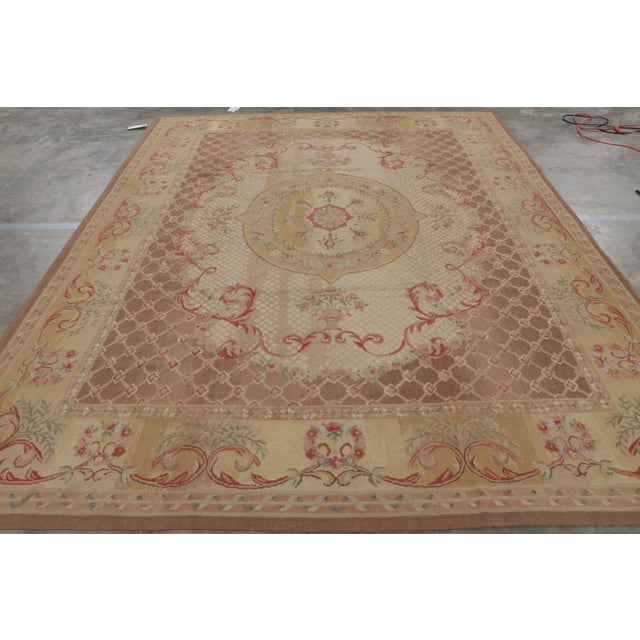 Transitional Rug & Kilim’s Aubusson Style Rug in Beige-Brown and Pink With Floral Medallion For Sale - Image 3 of 7