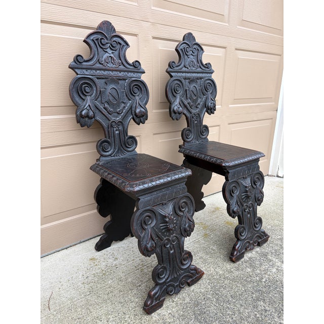 Pair of Italian Renaissance Revival Carved Walnut Hall Chairs For Sale In South Bend - Image 6 of 14