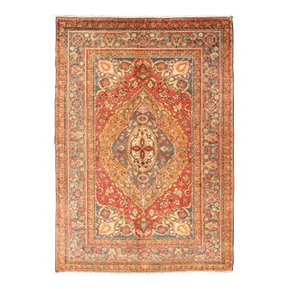Antique Antique Persian Haji Jalili Rug With Multi-Layered Medallion in Soft Red, Teal & Orange For Sale