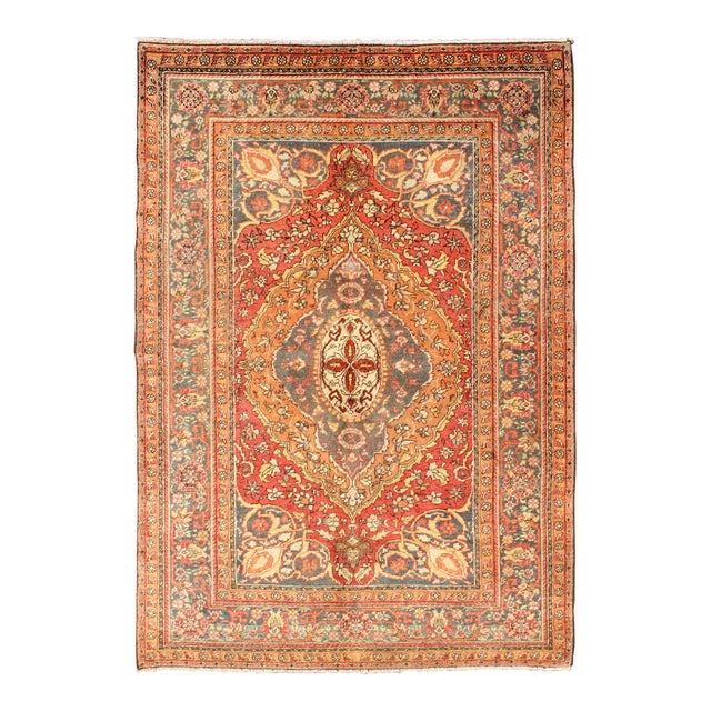 Antique Antique Persian Haji Jalili Rug With Multi-Layered Medallion in Soft Red, Teal & Orange For Sale