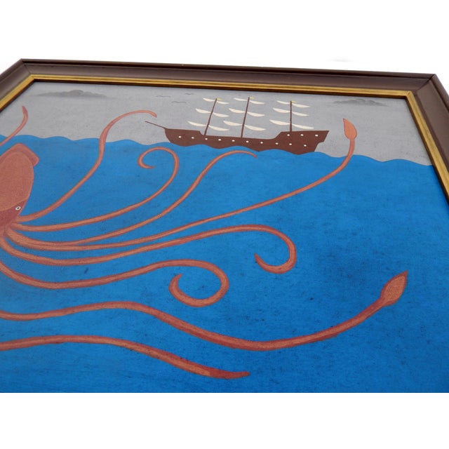 Matt Rix, Naive Style Giant Squid & Sail Ship, Oil on Board, Framed For Sale - Image 13 of 15