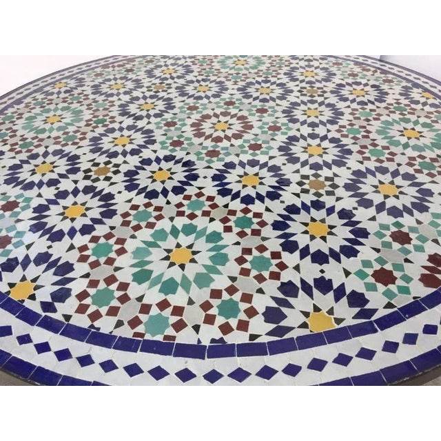 Moroccan Round Mosaic Outdoor Tile Table in Fez Moorish Design For Sale In Palm Springs - Image 6 of 12