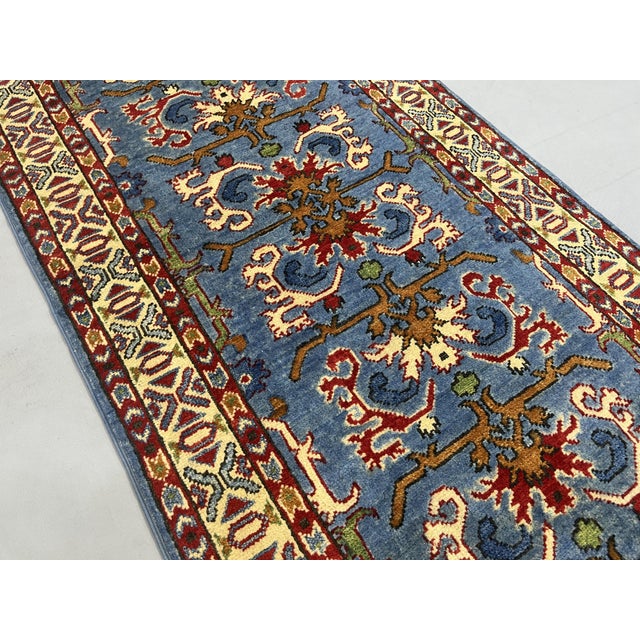 2000 - 2009 Blue and Cream Floral Wool Runner Rug With Natural Dyes, 2'6" X 6'3" For Sale - Image 5 of 13