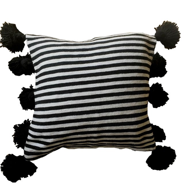 Black & White Striped Pompom Pillow Cover For Sale - Image 4 of 4