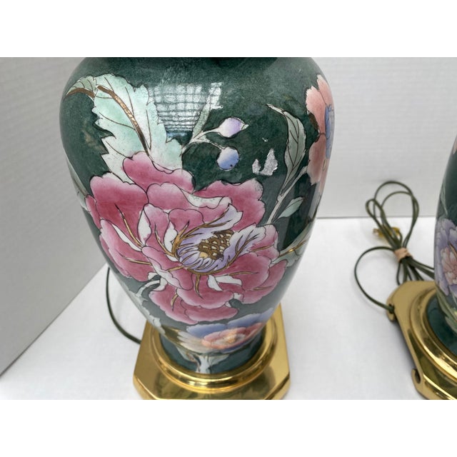 1980s Vintage Chinoiserie Green Ceramic Floral Table Lamps With Brass Bases a Pair For Sale - Image 5 of 18