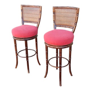Vintage Faux Bamboo Cane Back Swivel Bar Stools- a Pair For Sale