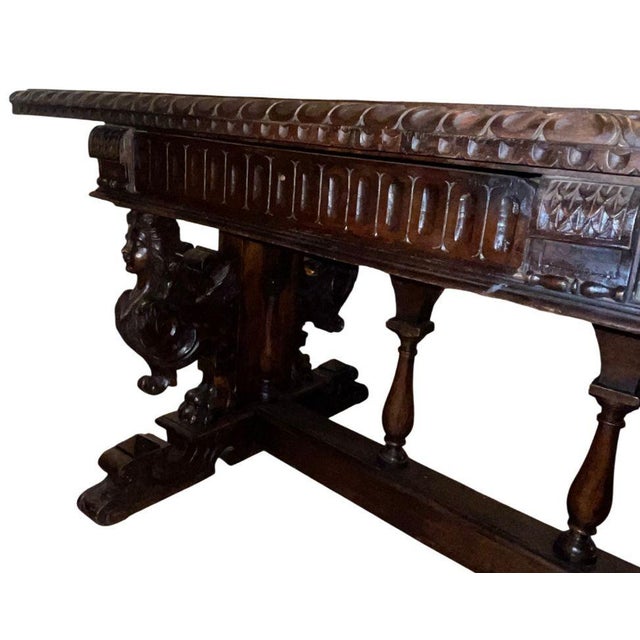 Wood Renaissance Revival Carved Walnut Trestle Continental Table. Italy, Late 19th C. For Sale - Image 7 of 8