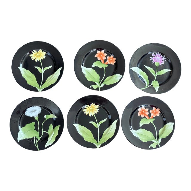 Fitz and Floyd Black Floral Dessert or Salad Plate Dish Set of 6 For Sale