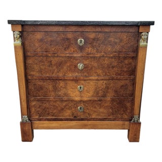 French 19th Century Empire Marble Top Burl Walnut Commode or Chests of Drawers For Sale