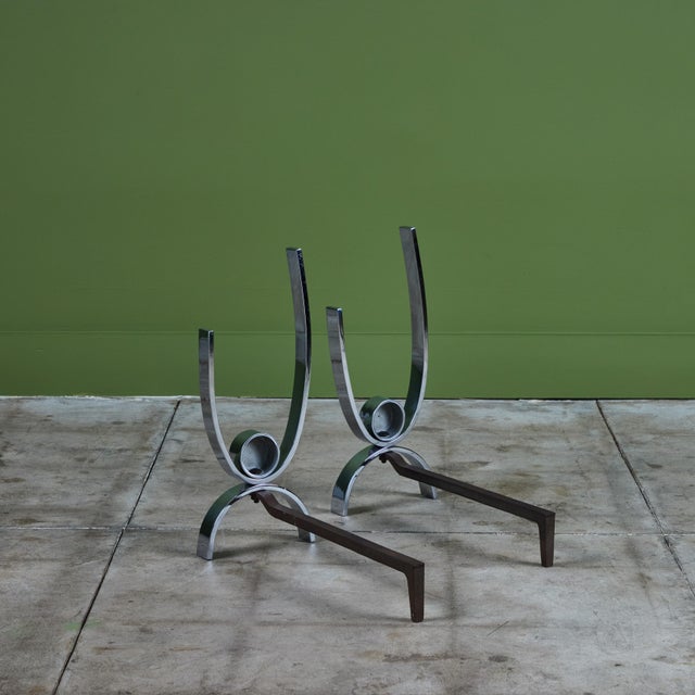 Metal Donald Deskey Style Nickel Plated Andirons For Sale - Image 7 of 12