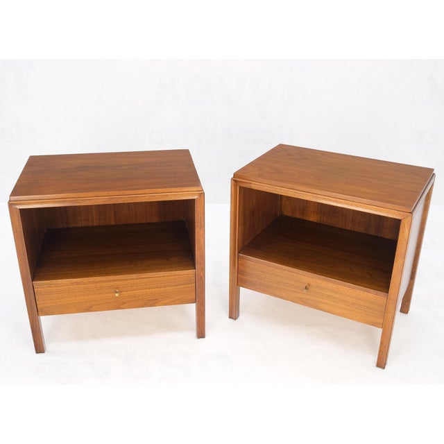 Mid 20th Century Pair Finished Back Danish Mid Century Modern One Drawer Walnut Night Stands MINT For Sale - Image 5 of 18