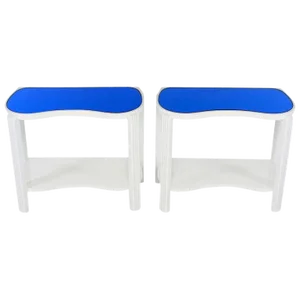 1930s Art Deco White Lacquer and Blue Mirror Side Tables - a Pair