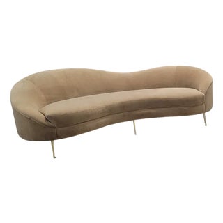 Mid Century Modern Bruno Munari Style Curved Italian Sofa Newly Reupholstered in Italian Plush Camel Mohair Velvet For Sale