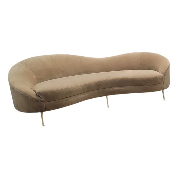 Mid Century Modern Bruno Munari Style Curved Italian Sofa Newly Reupholstered in Italian Plush Camel Mohair Velvet For Sale
