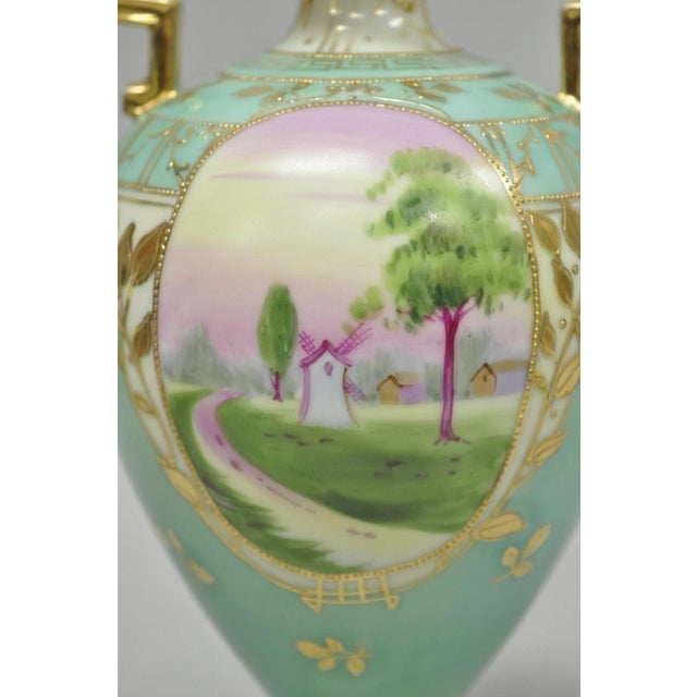 French Antique Nippon Hand Painted Porcelain Windmill Scene Green Small Bolted Vase For Sale - Image 3 of 13