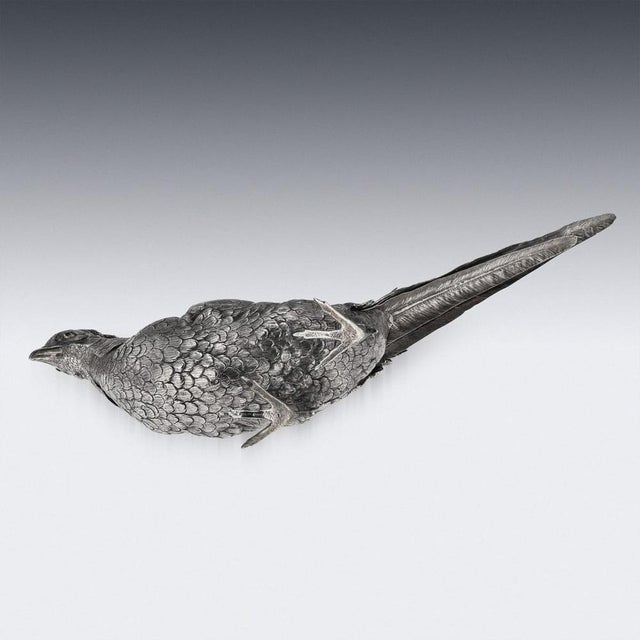 Metal Antique German Silver Pheasant Statues, 1900, Set of 2 For Sale - Image 7 of 18