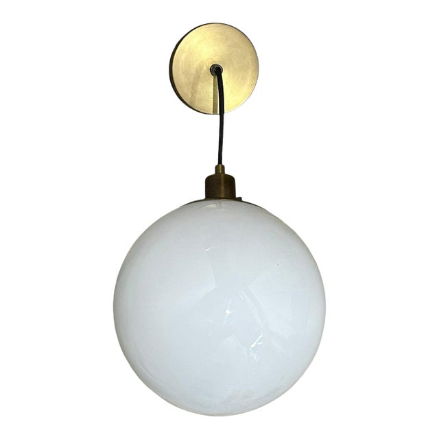 West Elm Milk Glass Globe & Bronze Hardware Hanging Pendant Lighting For Sale