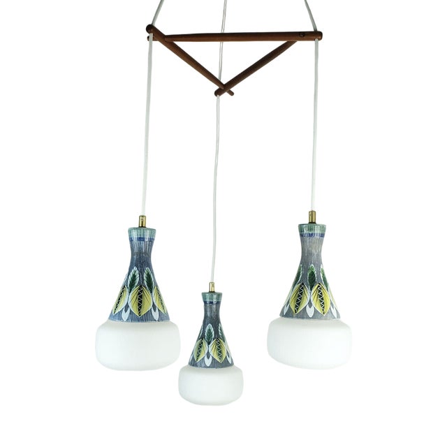 Modern Danish Pendant Light in Teak, Opaline Glass & Ceramic, 1960s For Sale