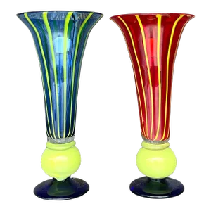 Vintage Boho Art Glass Trumpet Vases - Set of 2