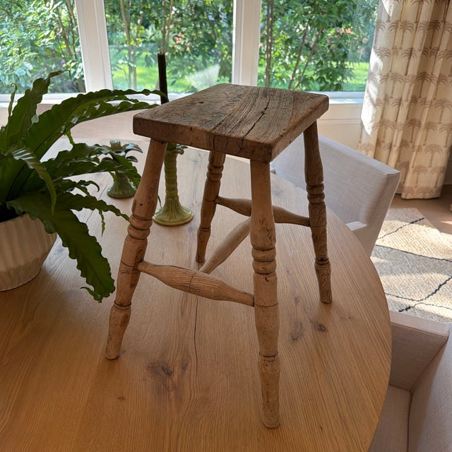 Rustic European 19th Century English Rustic Weathered Wooden Stool With Turned Legs For Sale - Image 3 of 11