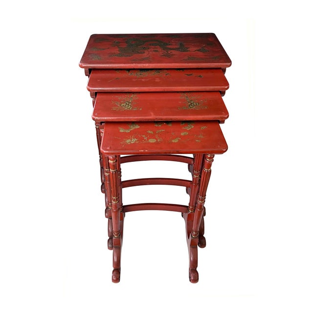 Antique Chinese Export Red & Gilt Lacquer Quartetto Nesting Tables For Sale - Image 4 of 12