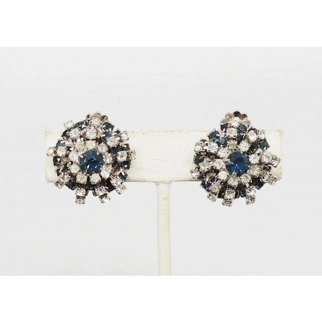 Vintage 1950s Signed Kramer Faux-Sapphire & Clear Rhinestone Clip Earrings - 2 Pieces For Sale - Image 9 of 10