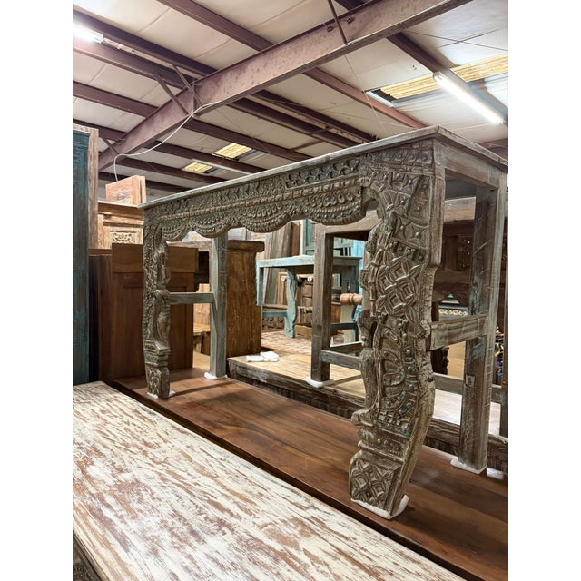 1920s Antique Hand-Carved Wood Console Table With Brass Stud Detailing – Ornate Entryway Accent For Sale - Image 5 of 5