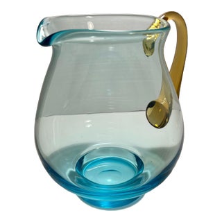 Vintage Mid-Century Modern Scandinavian Blue & Amber Hand Blown Glass Pitcher 8" For Sale