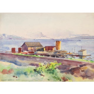 Antique 1914 Egbert Cadmus Boathouses Along Hudson River Watercolor Painting For Sale