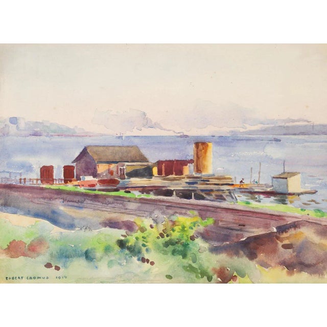 Antique 1914 Egbert Cadmus Boathouses Along Hudson River Watercolor Painting For Sale