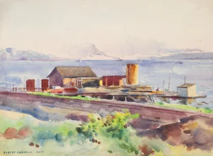 Antique 1914 Egbert Cadmus Boathouses Along Hudson River Watercolor Painting
