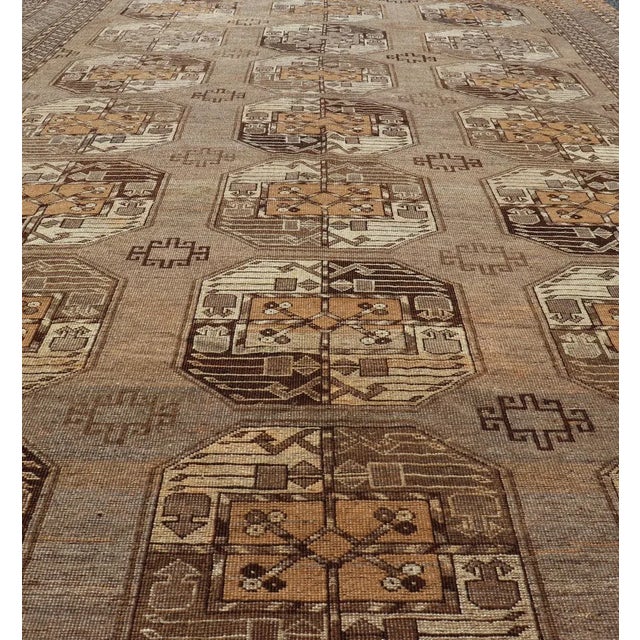 Persian Mid 20th Century Hand-Knotted Vintage Ersari Rug With Gul Design in Brown, Ivory & Almond For Sale - Image 3 of 13