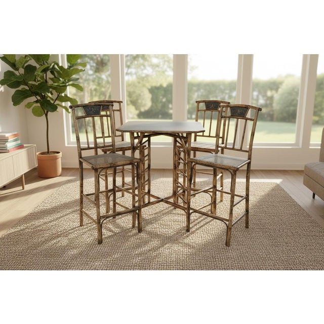 1960s Asian Pagoda Style Bamboo Table & Four Stools With Scenic Painted Panels For Sale - Image 10 of 17