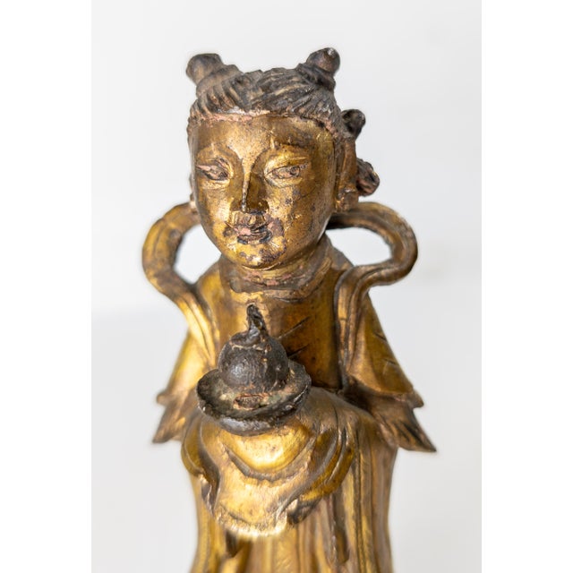 Metal 17th Century Ming or Qing Dynasty Chinese Gilt Bronze Daoist Attendant Figure For Sale - Image 7 of 14