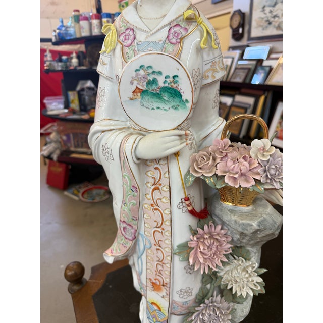 Vintage Hand Painted Porcelain Japanese Geisha Statue 32in Tall For Sale - Image 4 of 9