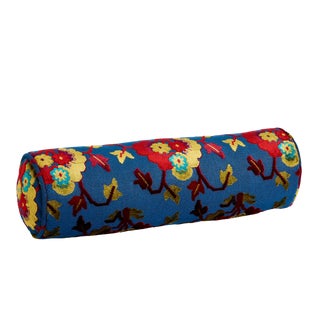 Schumacher Jennie Velvet Bolster Pillow in Blue & Red For Sale