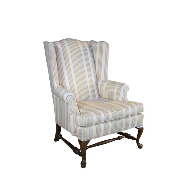 Queen Anne 1980s Ethan Ellan Traditional Classics Queen Anne Maple Striped Library Wingback Chair For Sale - Image 3 of 18