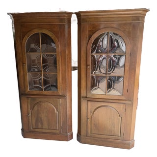 Vintage Walnut Corner Cupboards With Arched Bubble Glass & Reversible Plate-Groove Shelves For Sale