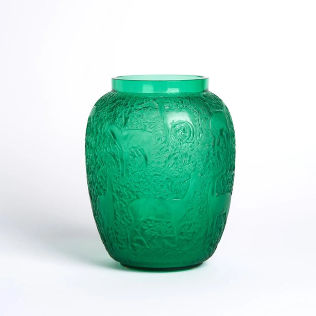 Glass Lalique Green Glass Biches Vase For Sale - Image 7 of 9