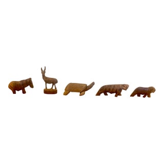 Collection of Hand-Carved Wooden Animal Figurines | Folk Art Safari & Wildlife Sculptures — Set of 5 For Sale