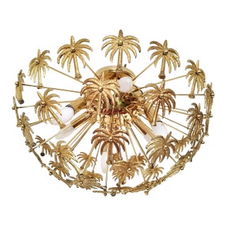 Vintage Solid Brass Palm Leaf Statement Chandelier Flush Mount Lighting Ceiling Light For Sale