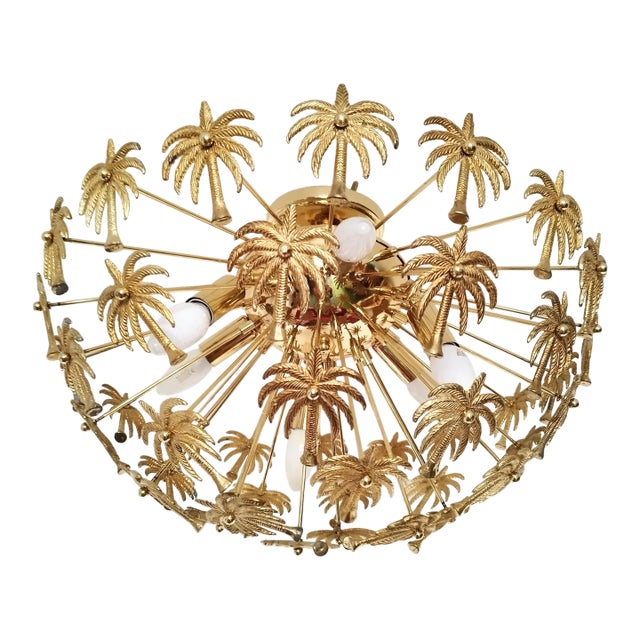 Vintage Solid Brass Palm Leaf Statement Chandelier Flush Mount Lighting Ceiling Light For Sale