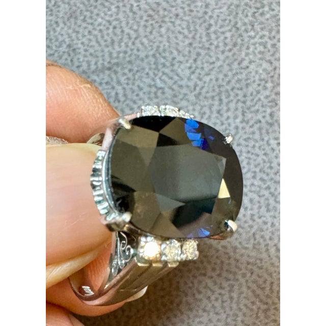 Gemstone 8.15 Ct Mid Night Blue Sapphire & .20 Ct Diamond Cocktail Ring, Platinum, Estate For Sale - Image 7 of 18
