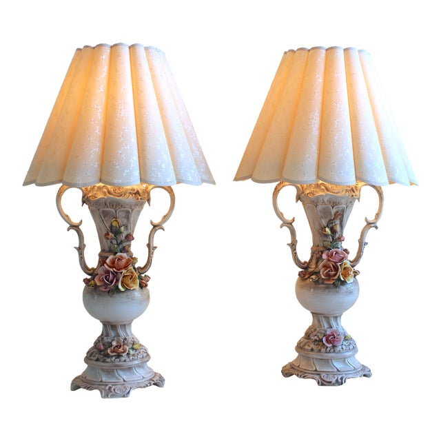Mid-Century Italian Capodimonte-Style Floral Porcelain Table Lamps – Pair For Sale
