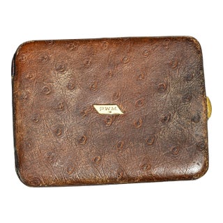 Luxurious Hand Made Antique Ostrich Leather Wallet Art Deco With 14k Gold PWM Monogram Plaque For Sale