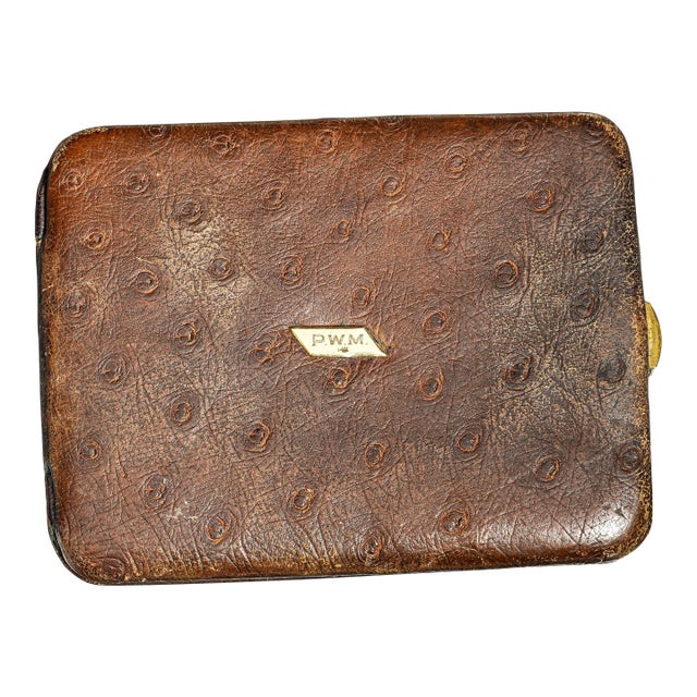 Luxurious Hand Made Antique Ostrich Leather Wallet Art Deco With 14k Gold PWM Monogram Plaque For Sale