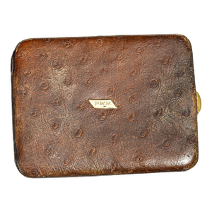 Luxurious Hand Made Antique Ostrich Leather Wallet Art Deco With 14k Gold PWM Monogram Plaque